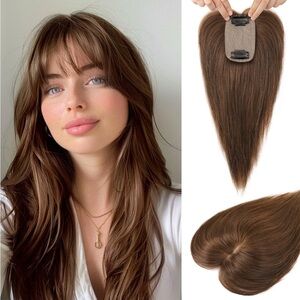 Brown Layered Hair Extensions with Curtain Bangs